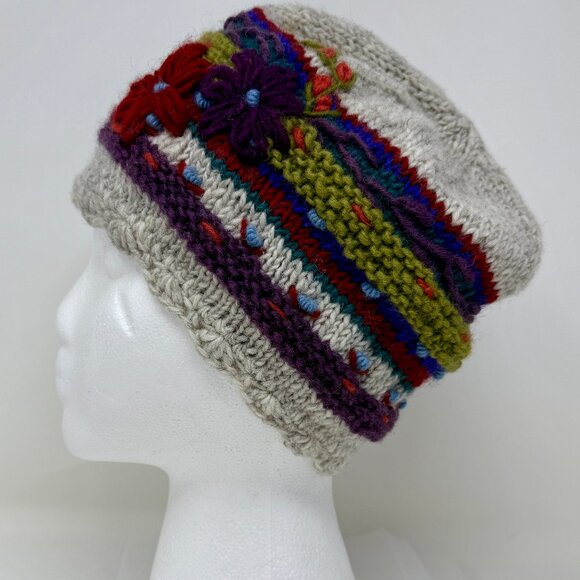 Ganesh Himal Hand Knit Wool Beanie – Cream with Multicolor - Nepal - Picture 1 of 8